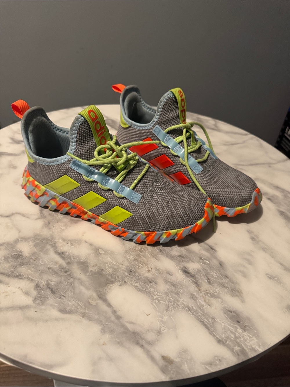 adidas Kids Gray Sneakers with Neon Yellow & Orange Accents